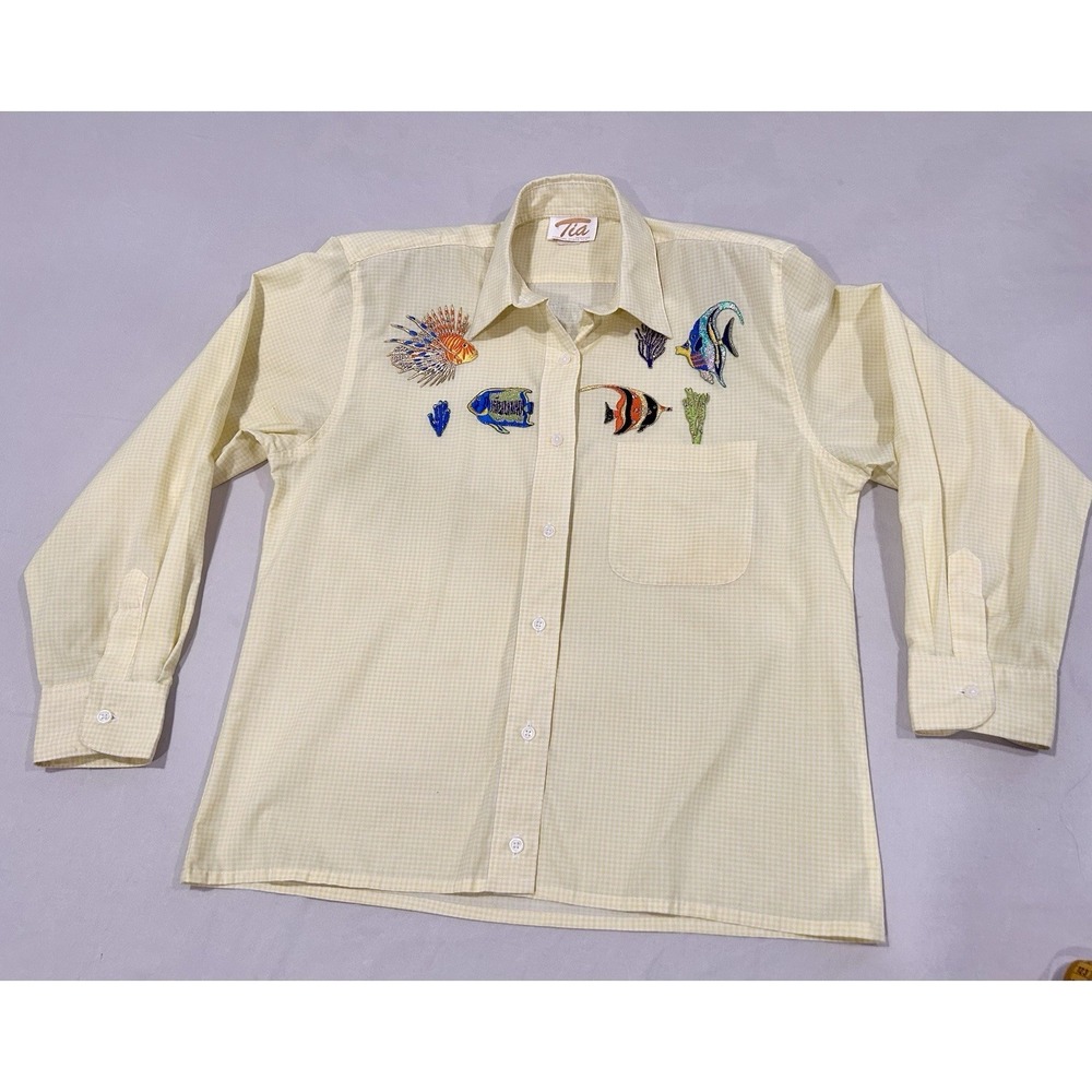 Tia Designs Pompano Beach Vintage Yellow Gingham Sea Life Appliques Small Blouse - Picture 6 of 13
